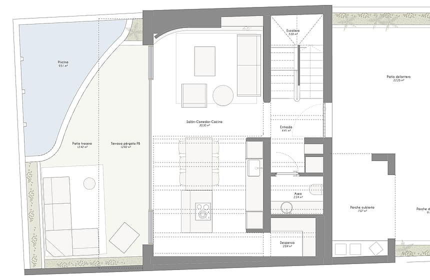 Top-down 2D floor plan drawing of a townhouse, showing interior room arrangements and external courtyard spaces.