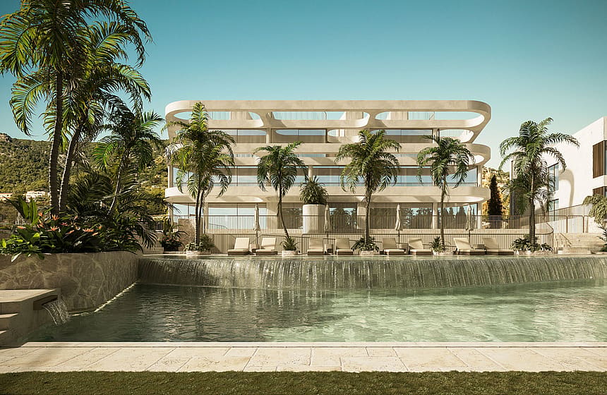 Exterior view of a multi-story apartment building with stacked white balconies and a foreground swimming pool under clear sky.