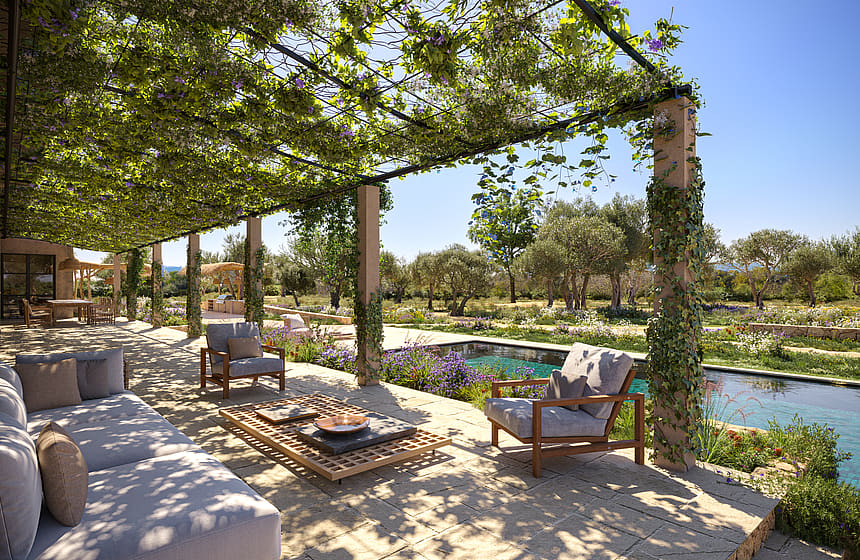 A stone terrace featuring a wooden pergola draped in vines, shaded outdoor seating, and a long swimming pool overlooking trees.