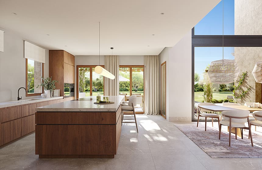 Render of a kitchen with walnut-toned cabinetry, stone worktops and glazed doors opening to a covered terrace