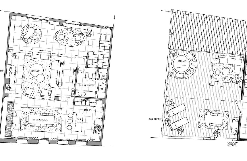 Two-dimensional architectural blueprint showing the layout of two floors of a residential townhouse.