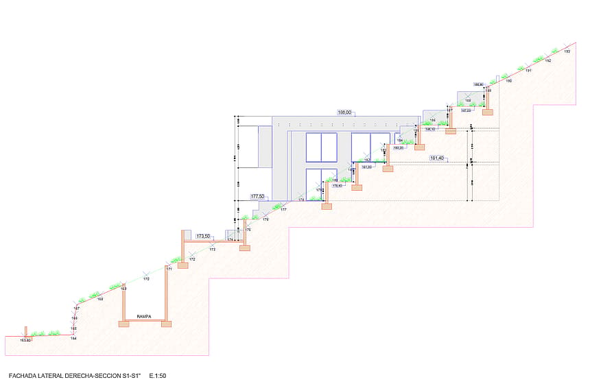 A technical architectural cross-section drawing showing the tiered placement of the building structure against a sloped terrain.