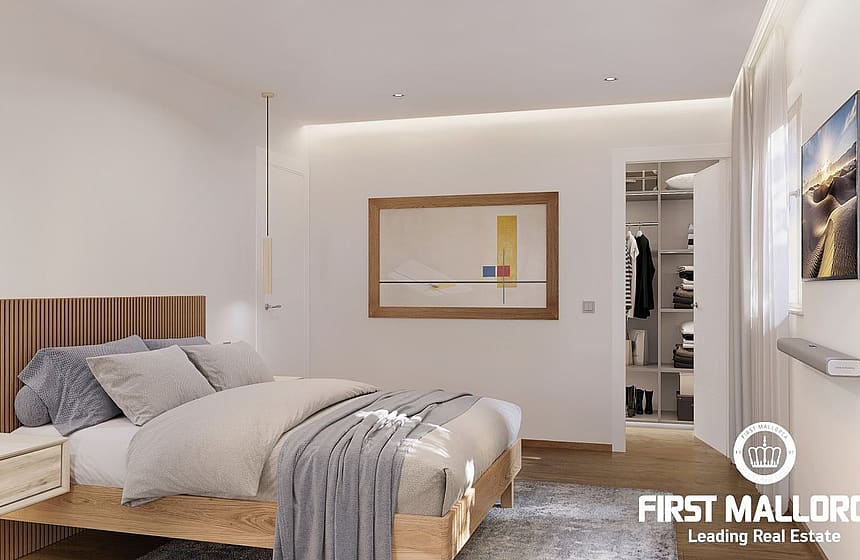 Modern bedroom featuring a wooden bed frame, textured wall art, and an open doorway leading to a walk-in wardrobe.