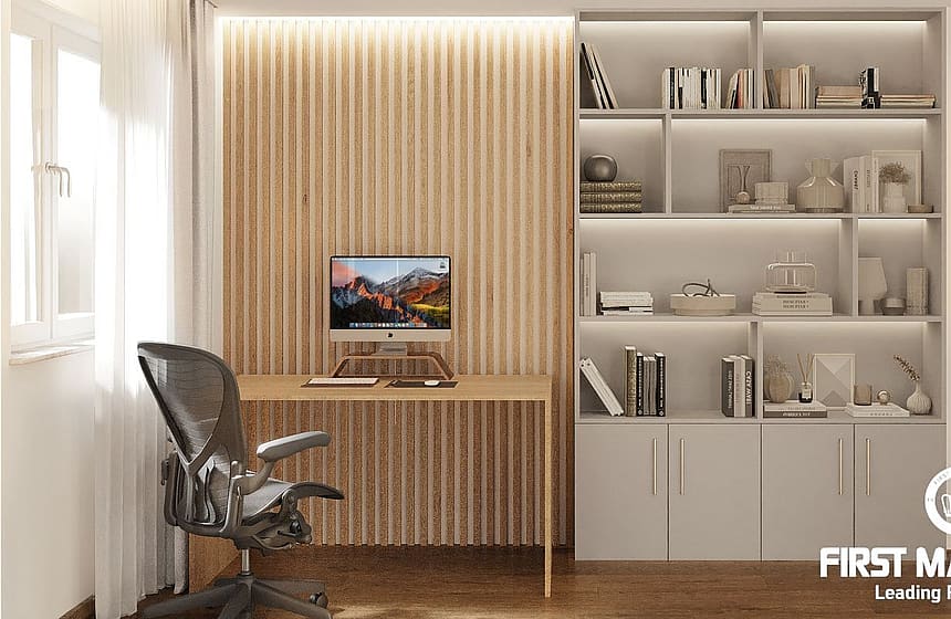 A home office featuring a slatted light oak wood wall, a minimalist desk, an ergonomic mesh office chair, and built-in shelving.