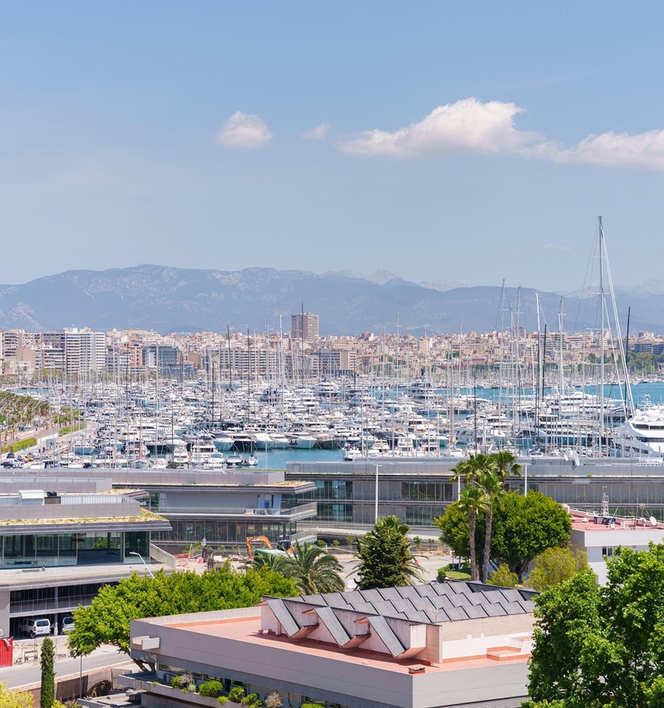 Vista elevada del puerto con yates, el perfil urbano y las montañas costeras bajo un cielo azul.