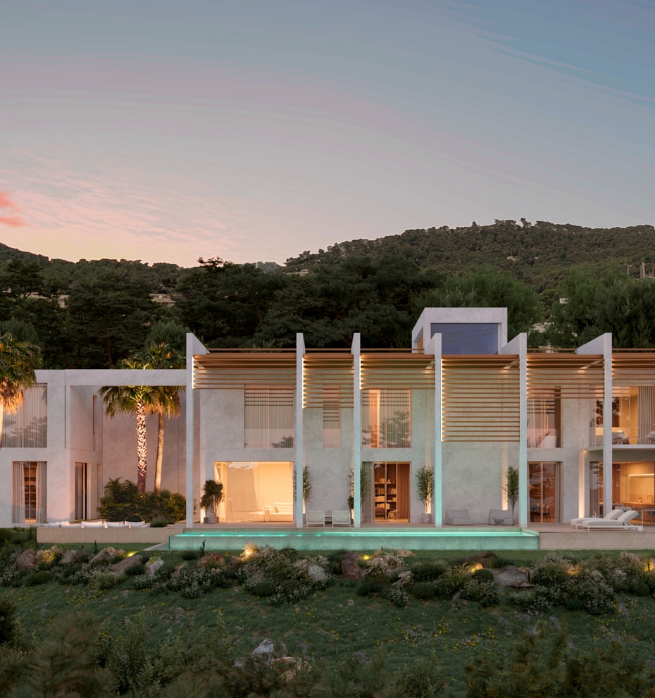 A contemporary two-story white villa featuring vertical privacy louvers and a linear swimming pool at sunset.