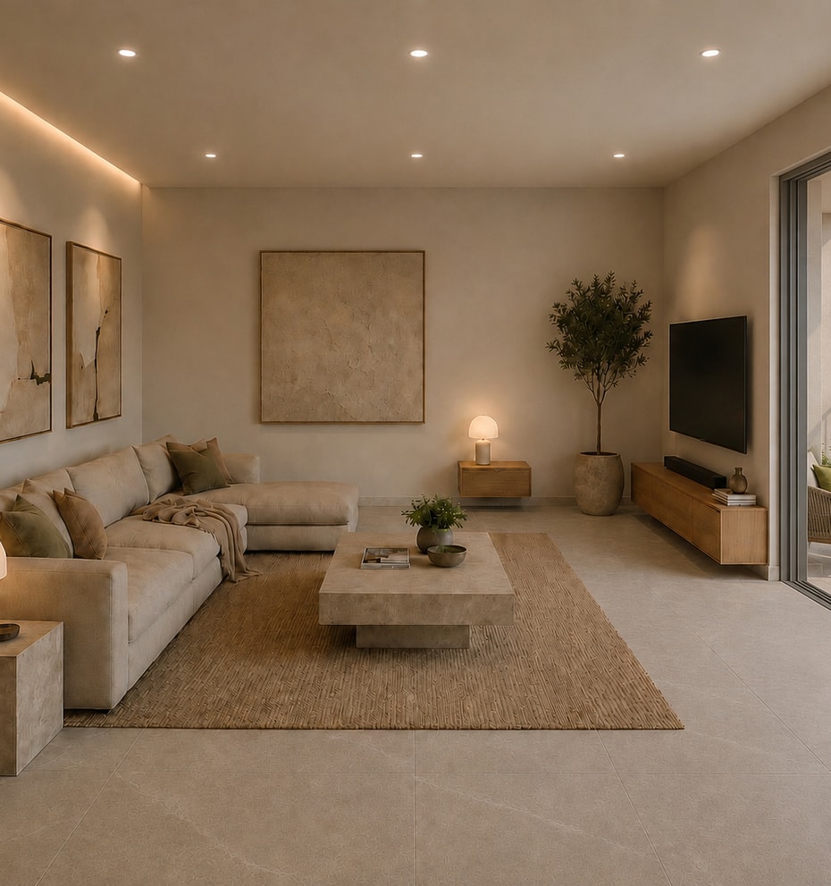 Living room with tv and pocket window doors leading to the outdoor 50 sqm terrace