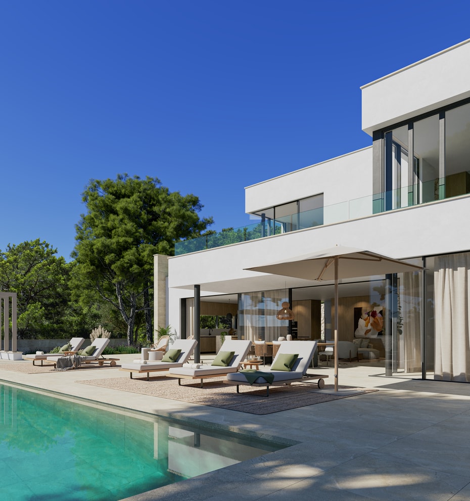 Modern white villa exterior featuring a stone-paved terrace with lounge chairs beside an outdoor swimming pool.