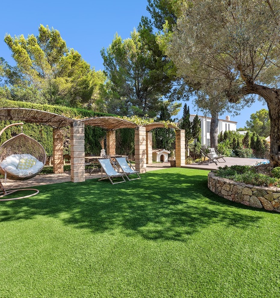 A green manicured lawn with a stone pergola, hanging wicker swing chair, and an mature olive tree in a sunny garden.