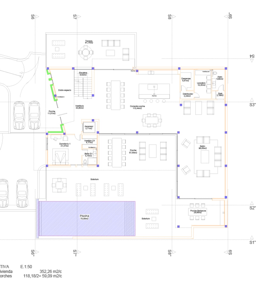 Architectural floor plan for the ground level, showing the spatial arrangement of interior rooms and outdoor pool area.