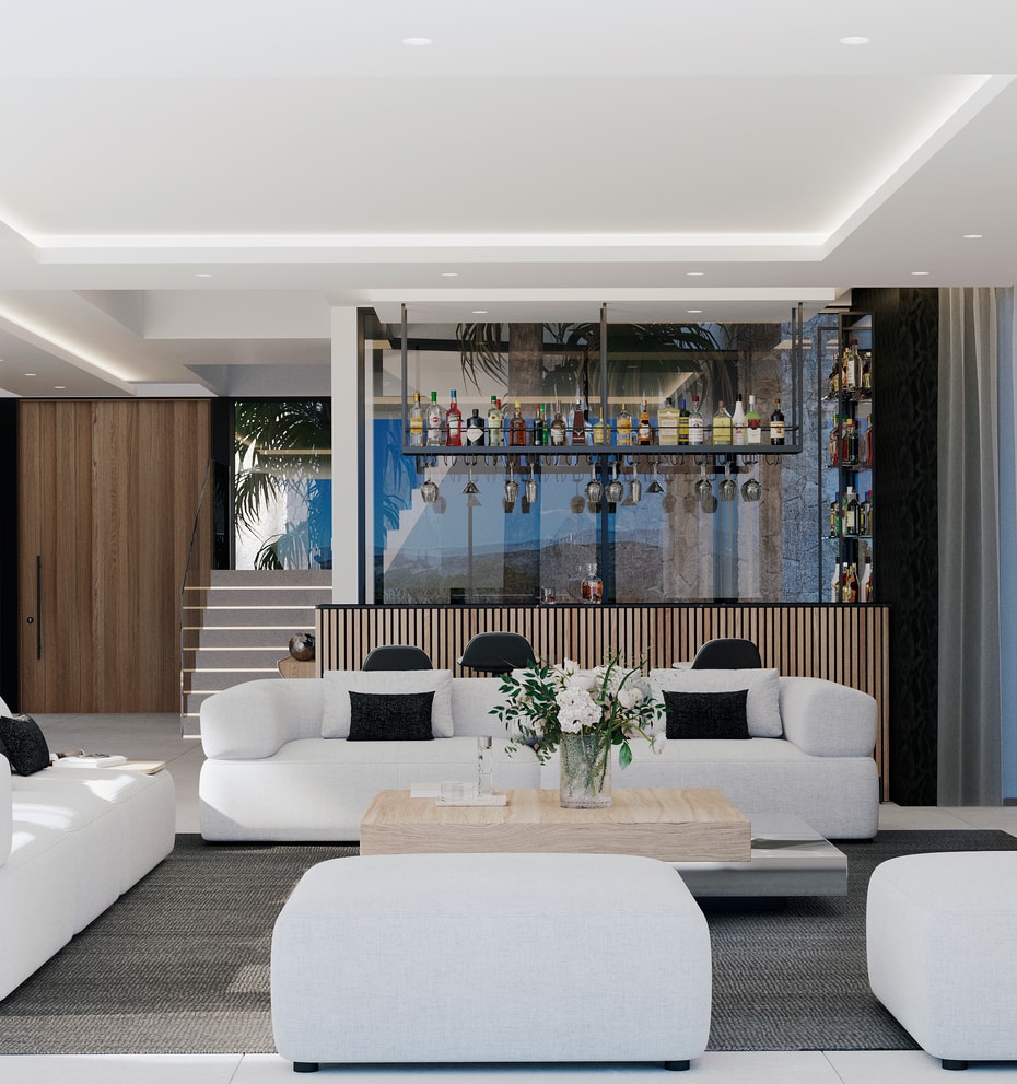 Spacious living room featuring white modular sofas, a central coffee table, and a dedicated bar area with glass shelving and wood-paneled walls.