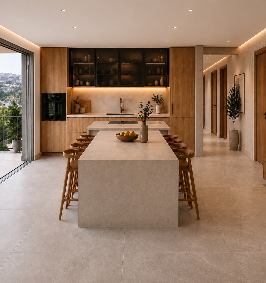 renders of the kitchen island with carpentry and cabinets with an extended sitting dining table