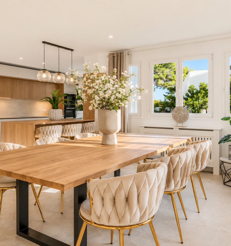 Renovated open-plan kitchen with oak cabinetry, dining table with cream tufted chairs and pendant lights