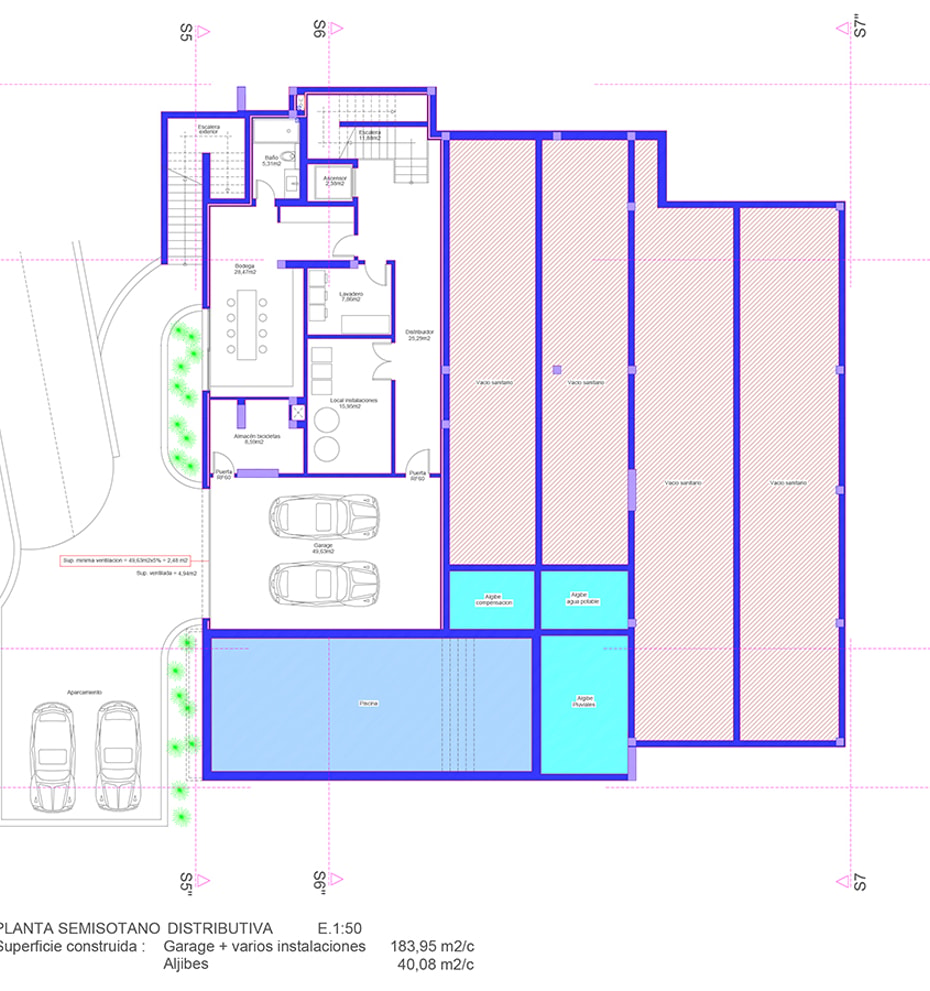 Architectural floor plan of the basement level showing garage space, utility rooms, and large open floor areas.