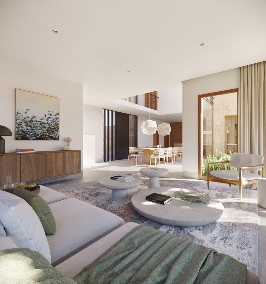Render of an open-plan living room with kitchen island, dining table and floor-to-ceiling glazing