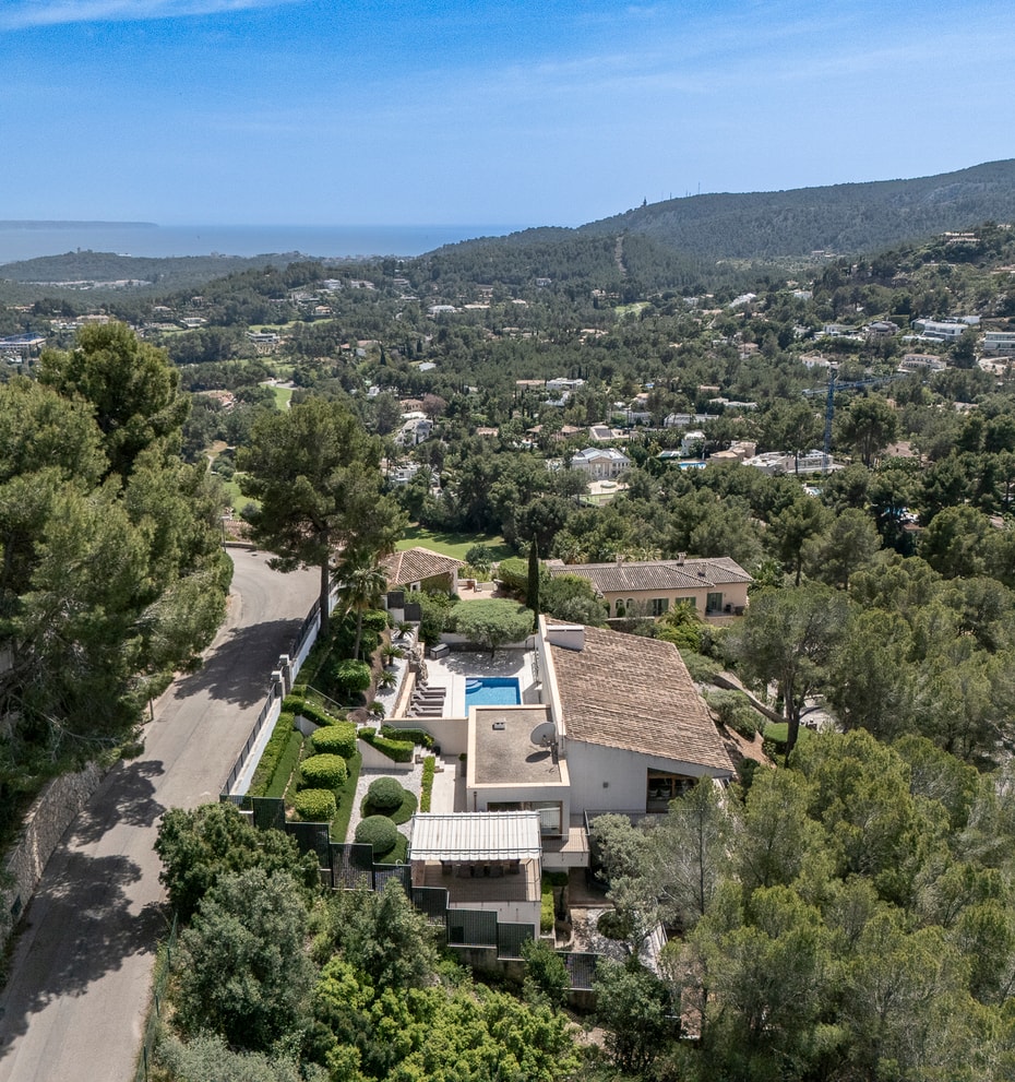 Elevated view from Son Vida villa across green pine-covered hillside toward Palma Bay and the Mediterranean