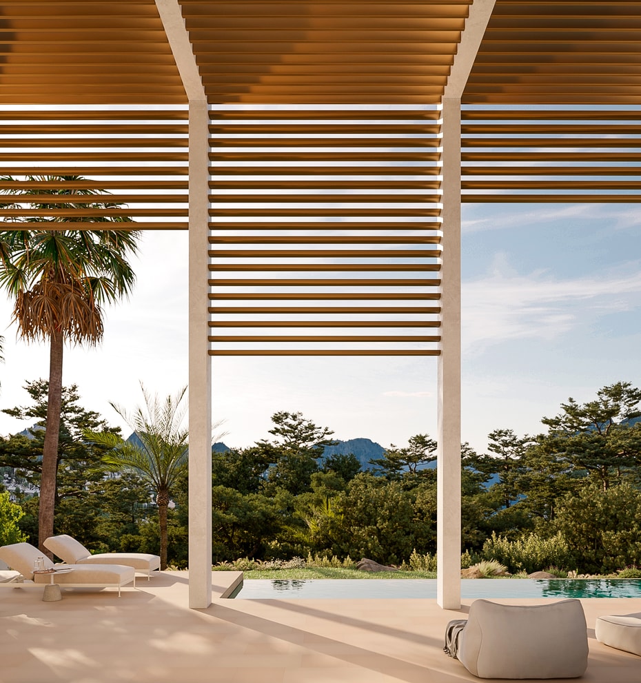 A contemporary terrace with a slatted wood pergola, sun loungers, and an infinity pool overlooking a mountain landscape.