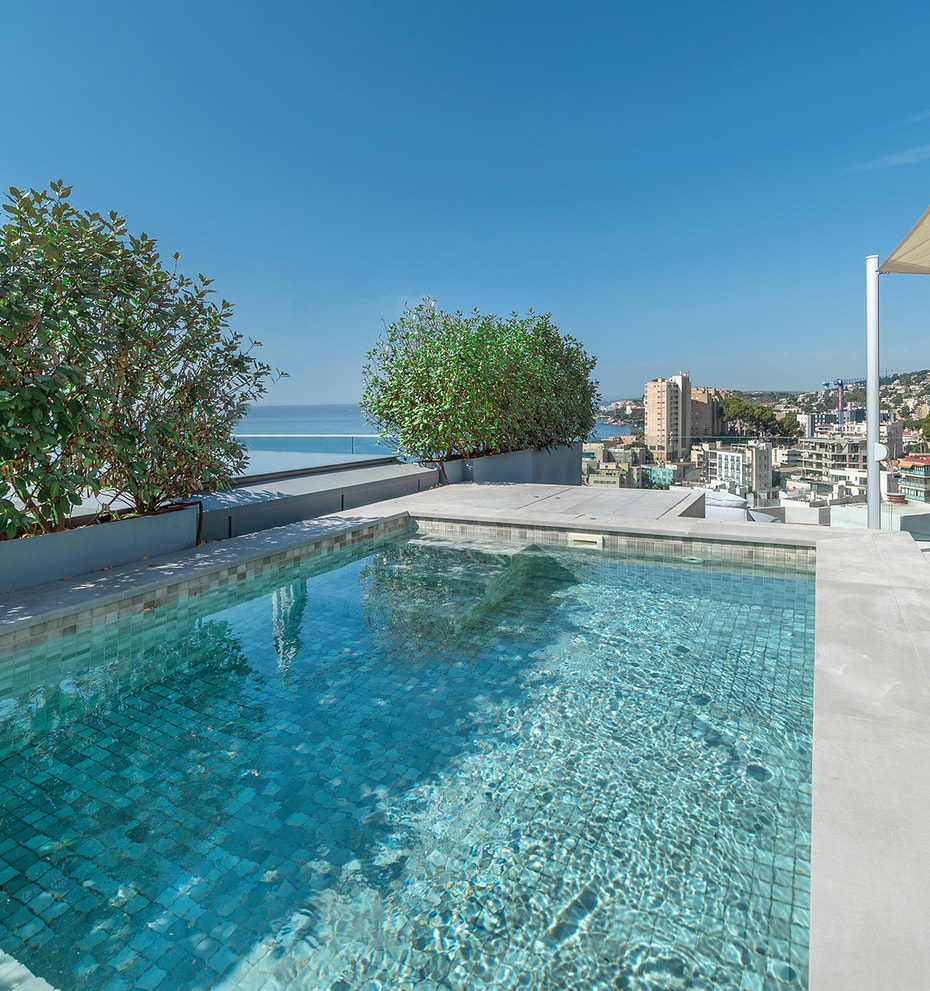 A private rooftop plunge pool with light blue tiled interior, framed by green shrubs, overlooking the Mediterranean sea.