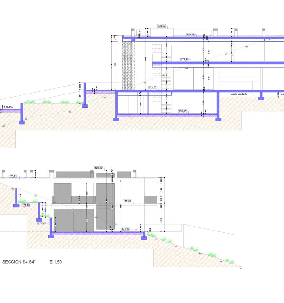 Technical cross-section diagram of the proposed residence showing tiered levels and structural foundation on sloping terrain.