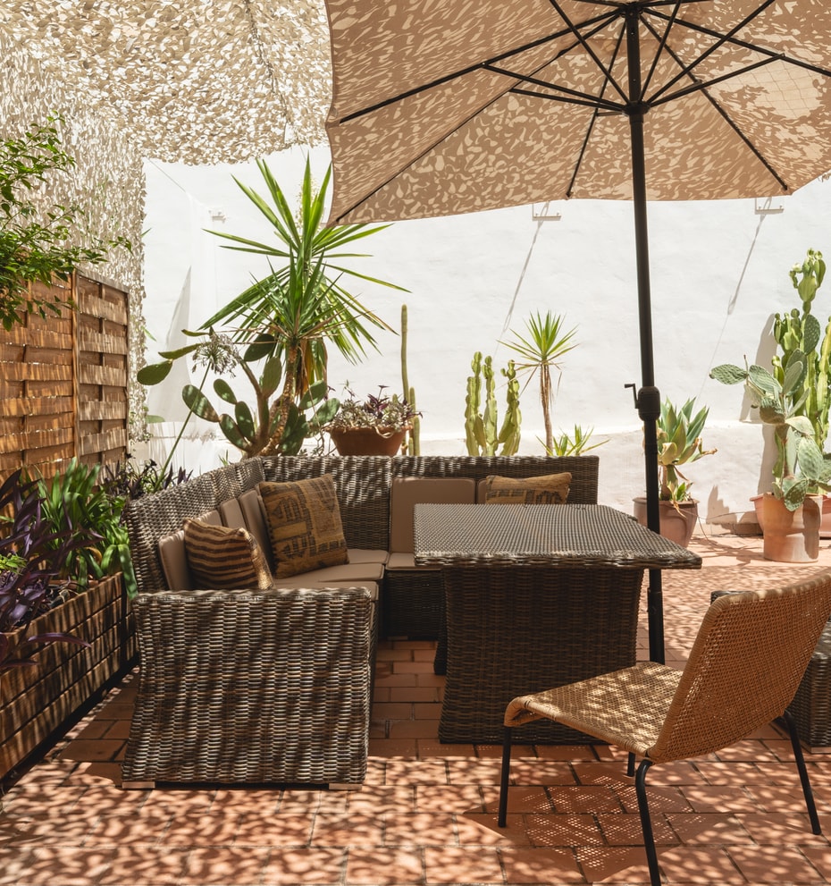 Outdoor terrace in Santa Catalina featuring woven lounge furniture, a large umbrella, and various potted cacti and plants.