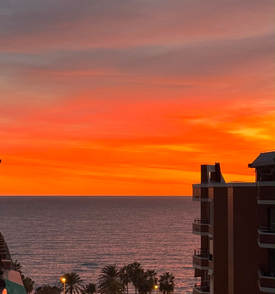 A vibrant orange sunset over the sea viewed from an elevated position, with silhouettes of buildings and palm trees below.