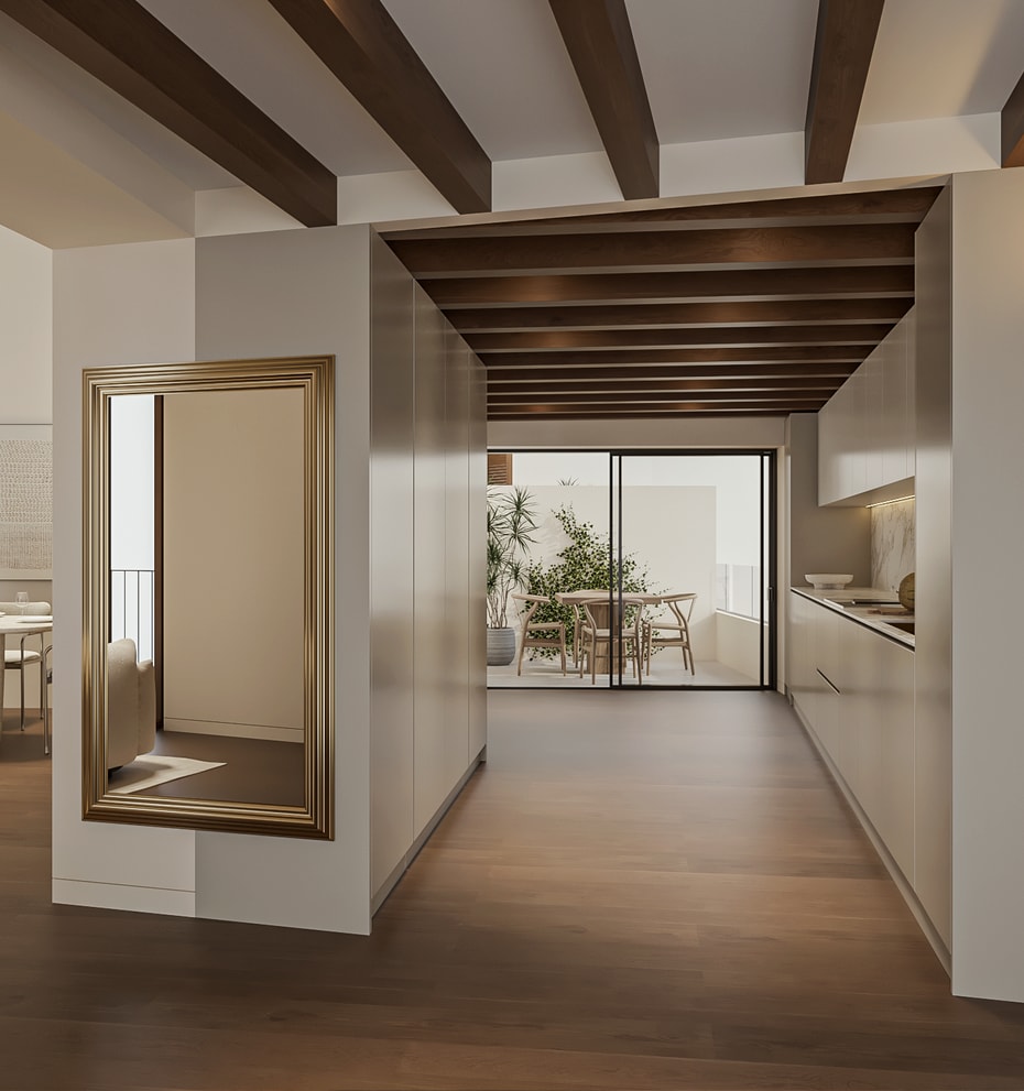 Open-plan kitchen with pale bespoke cabinetry and marble splashback beside a dining table, glazed doors to an interior terrace, exposed timber beams overhead.