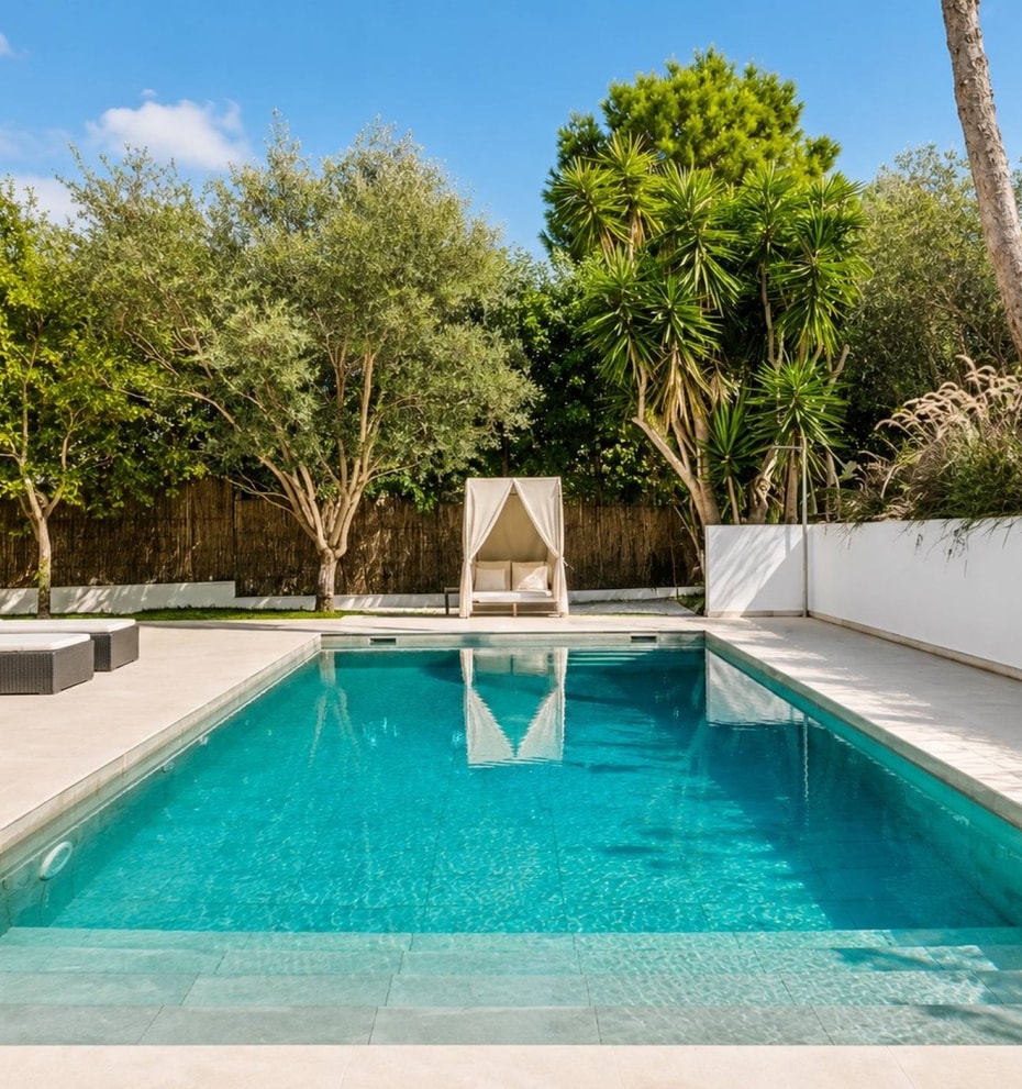 Rectangular swimming pool with tiled interior, sun loungers and canopy daybed surrounded by mature Mediterranean planting