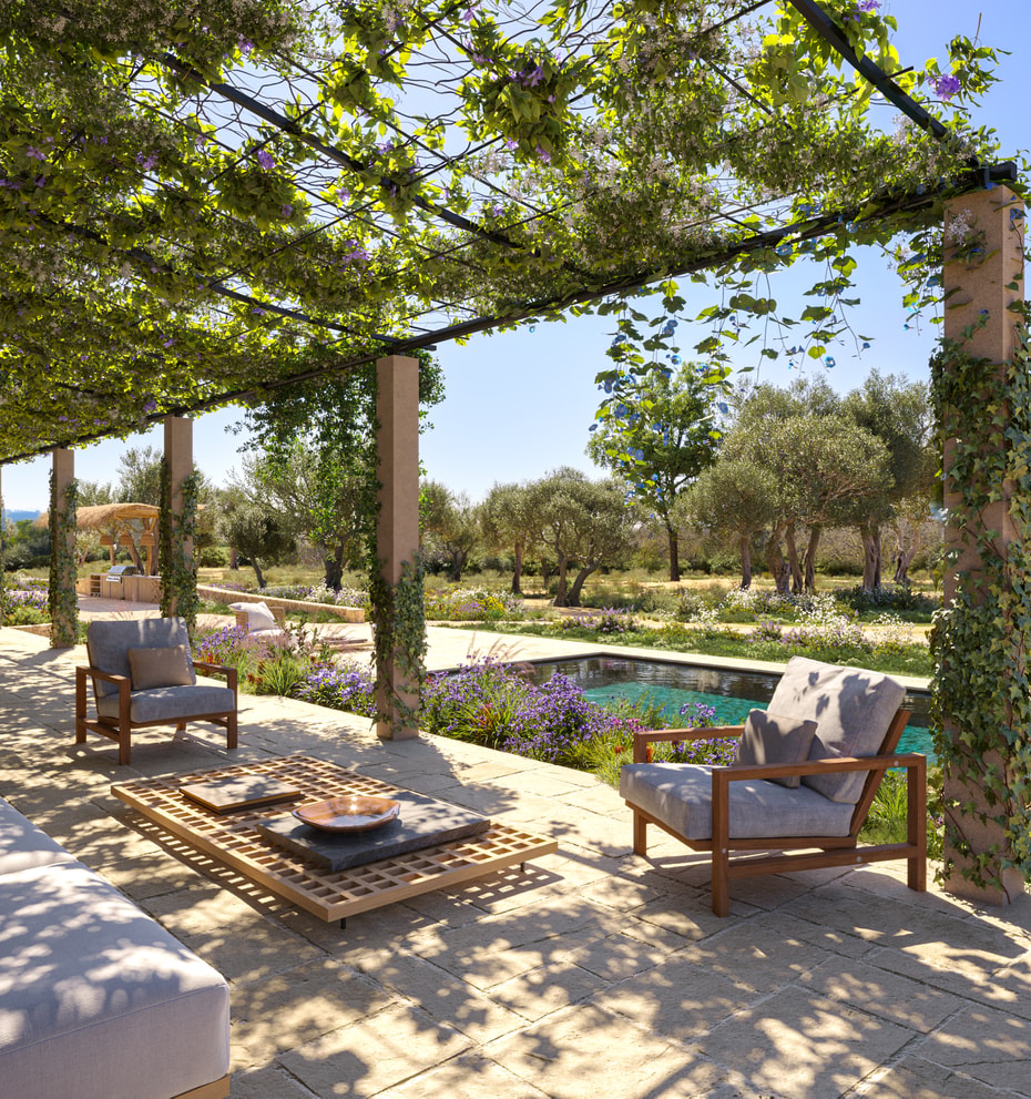 A stone terrace featuring a wooden pergola draped in vines, shaded outdoor seating, and a long swimming pool overlooking trees.