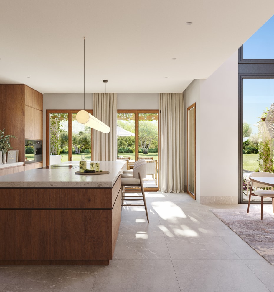 Render of a kitchen with walnut-toned cabinetry, stone worktops and glazed doors opening to a covered terrace