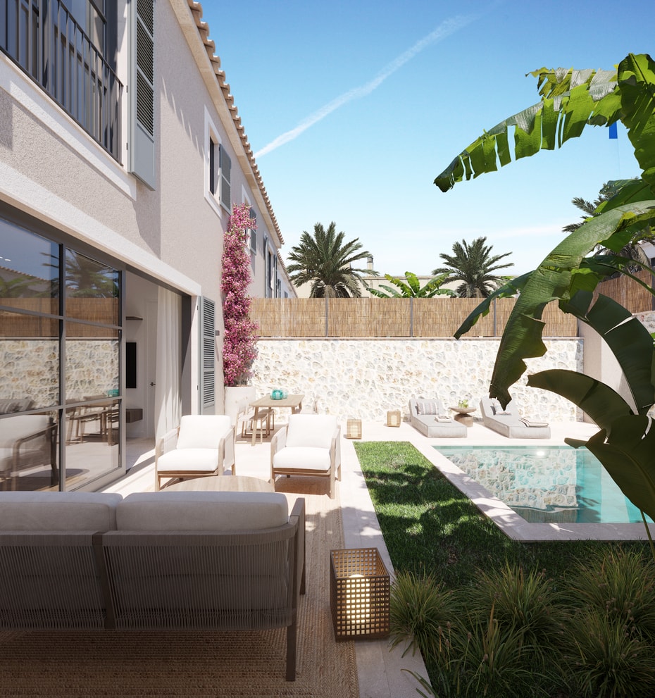 Piscine privée avec palmiers, terrasse couverte et jardin paysager derrière une maison à Palma