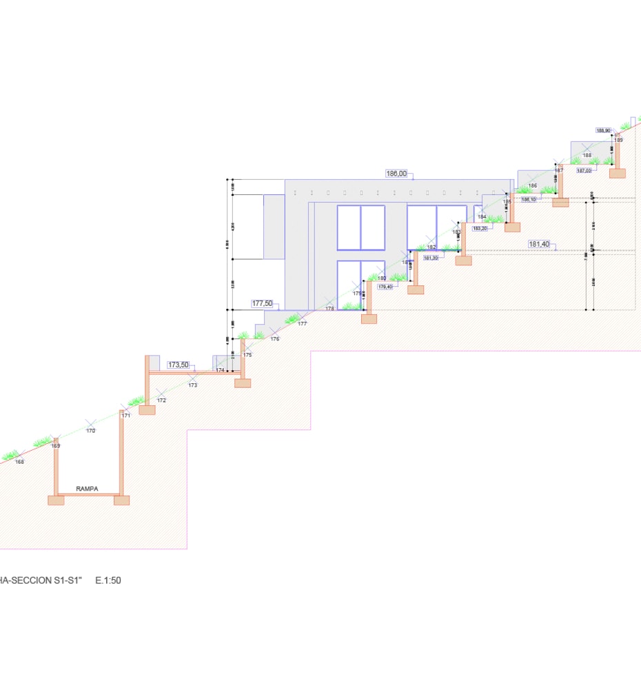 A technical architectural cross-section drawing showing the tiered placement of the building structure against a sloped terrain.