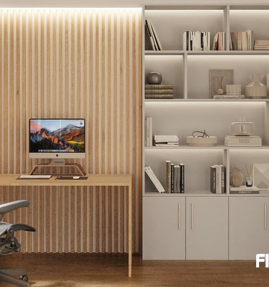 A home office featuring a slatted light oak wood wall, a minimalist desk, an ergonomic mesh office chair, and built-in shelving.